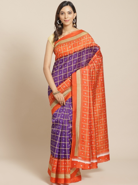 

KALINI Orange & Purple Checked Mysore Silk Saree