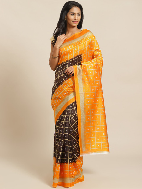

KALINI Brown & Orange Checked Mysore Silk Saree
