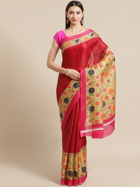 

KALINI Maroon & Beige Floral Print Border Mysore Silk Saree