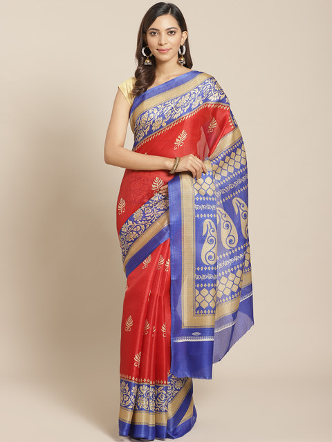 

KALINI Red & Blue Printed Mysore Silk Saree