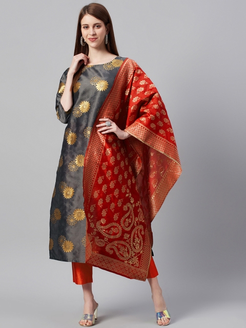 

KSUT Charcoal Grey & Red Woven Design Unstitched Dress Material