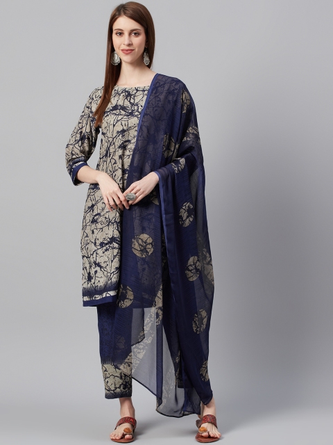 

KSUT Beige & Navy Blue Printed Unstitched Dress Material