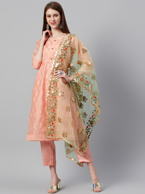 

KSUT Peach-Coloured & Green Embroidered Unstitched Dress Material