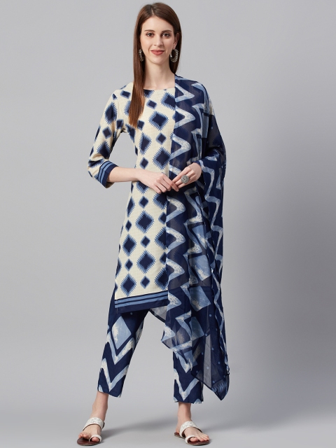 

KSUT White & Navy Blue Printed Unstitched Dress Material