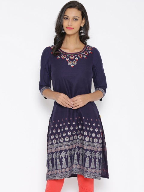 

Aurelia Navy Printed Kurta with Embroidered Detail, Navy blue