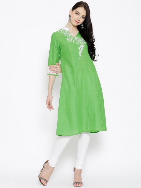 

Aurelia Green Embroidered A-Line Kurta