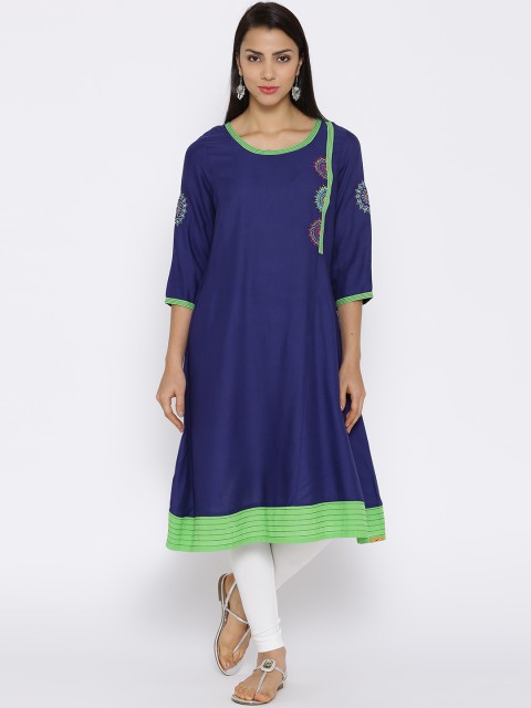 

Aurelia Navy Embroidered A-Line Kurta, Navy blue