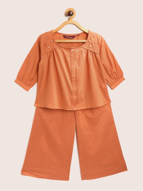 

Sangria Girls Orange & White Solid Top with Polka-Dot Print Palazzos