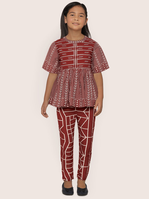 

Sangria Girls Rust Brown & White Pure Cotton Geometric Print A-Line Kurta with Palazzos