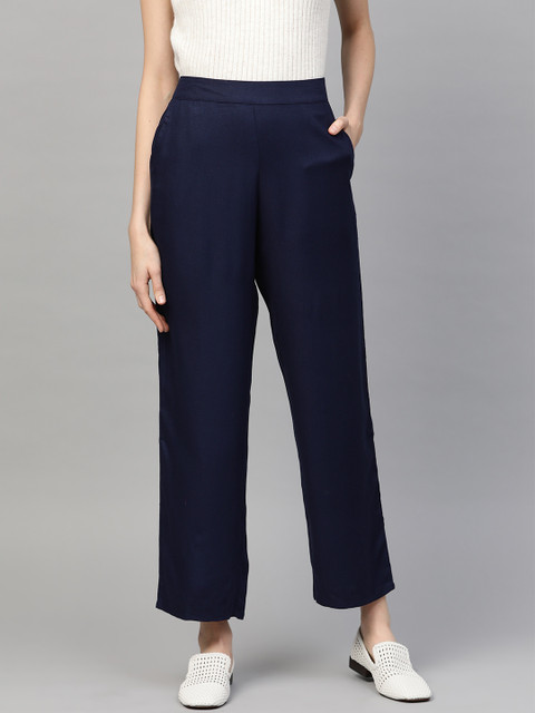 

Femella Women Navy Blue Solid Twill Woven High-Rise Cropped Parallel Trousers