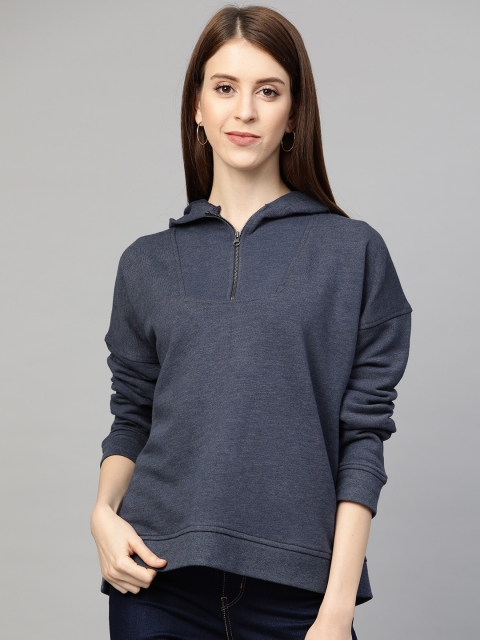 

Femella Women Navy Blue Solid Hooded Sweatshirt