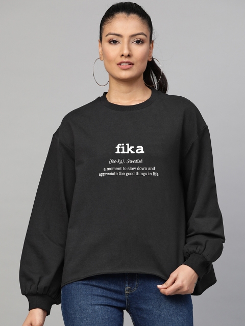 

Femella Women Black Solid Sweatshirt with Typography Print Detail