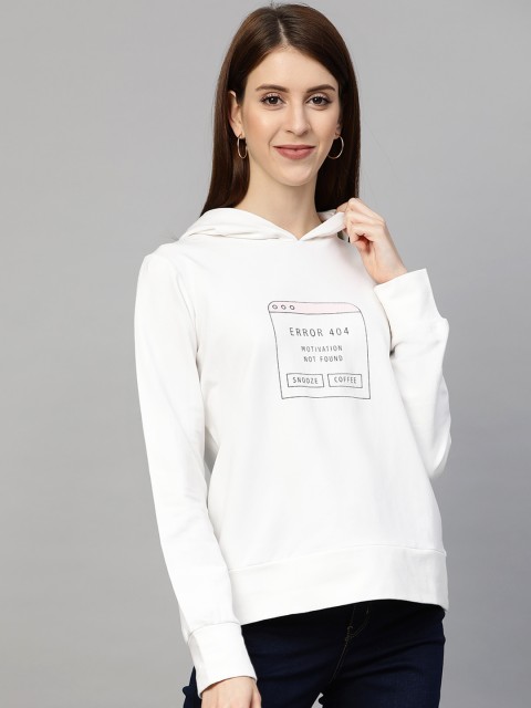 

Femella Women White & Black Printed Hooded Sweatshirt
