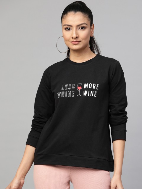 

Femella Women Black Solid Sweatshirt with Typography Print Detail