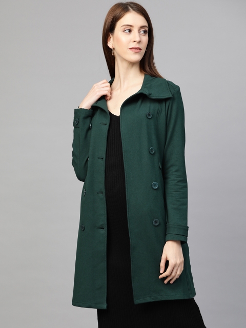 

Femella Women Green Solid Double-Breasted Longline Overcoat