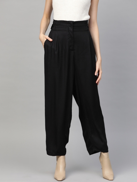 

Femella Women Black Solid Twill Woven High-Rise Parallel Trousers