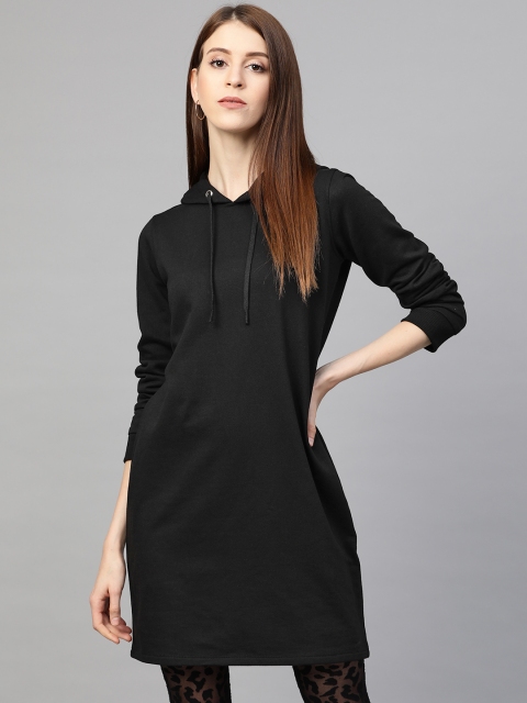 

Femella Women Black Solid Hooded T-Shirt Dress