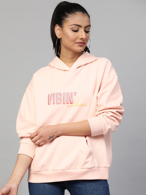 

Femella Women Peach-Coloured Solid Hooded Sweatshirt with Typography Print Detail