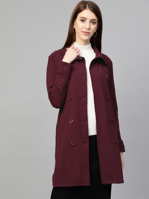 

Femella Women Maroon Solid Double-Breasted Longline Overcoat