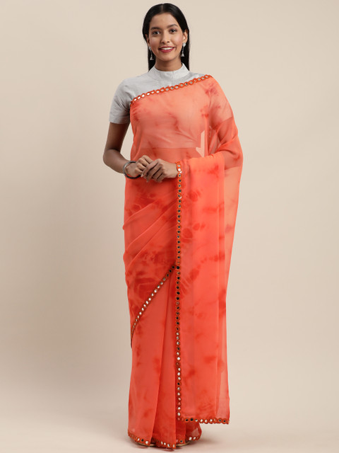 

Mirchi Fashion Orange Printed Poly Georgette Saree