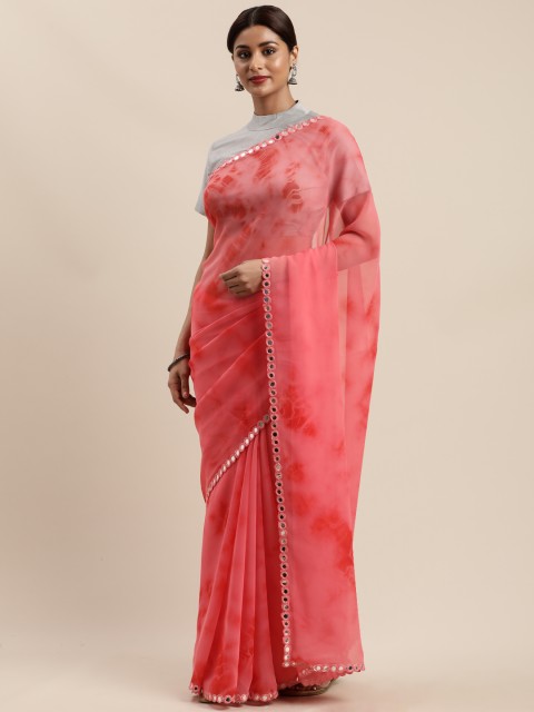 

Mirchi Fashion Peach-Coloured Printed Poly Georgette Saree with Mirror Work