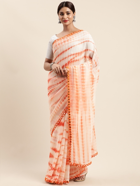 

Mirchi Fashion Off-White & Orange Poly Georgette Dyed Mirror Work Saree