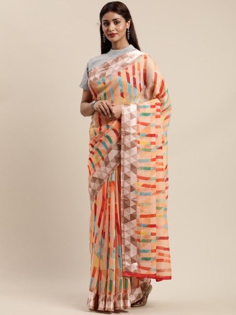

Mirchi Fashion Orange & Blue Polycotton Printed Saree