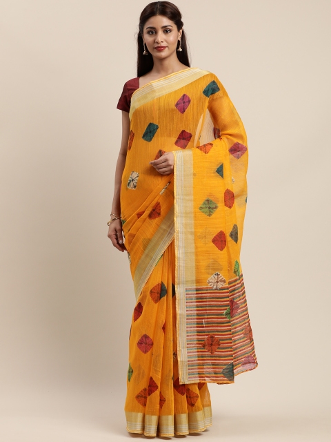 

Mirchi Fashion Mustard Yellow & Maroon Polycotton Printed Bandhani Saree