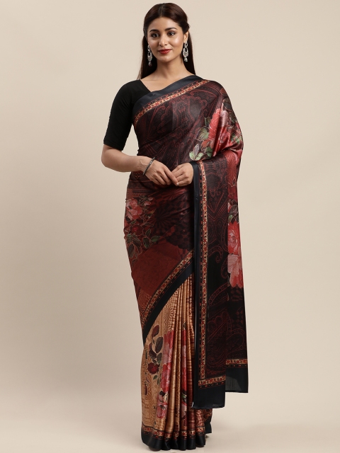 

Mirchi Fashion Brown & Red Satin Floral Printed Saree