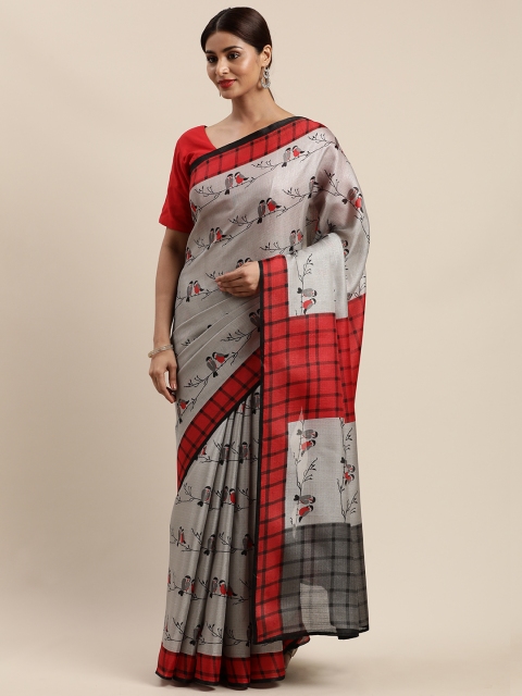 

Kalini Grey & Red Art Silk Printed Khadi Saree