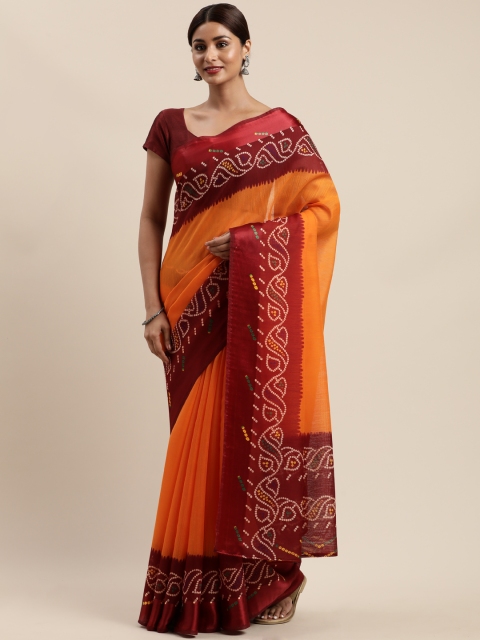 

Mirchi Fashion Orange Polycotton Solid Bandhani Saree