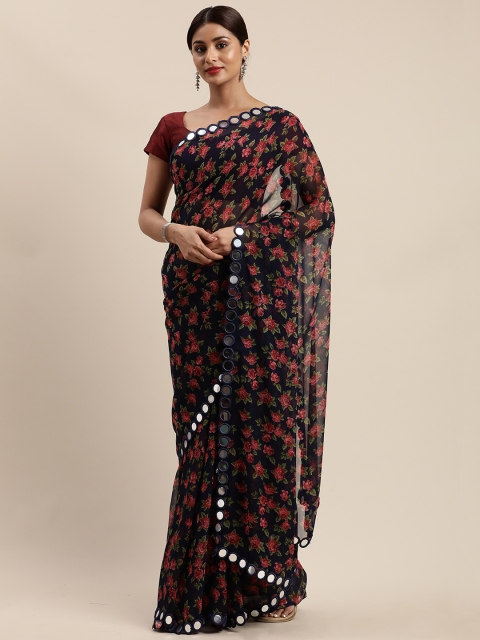 

Mirchi Fashion Navy Blue & Red Poly Georgette Floral Printed Mirror Work Saree