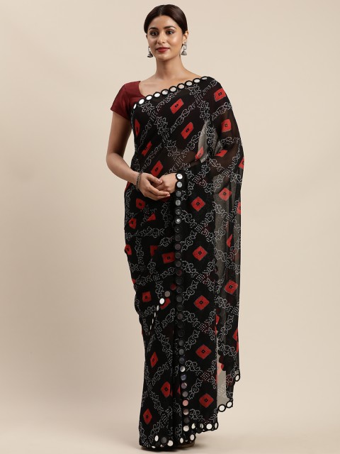 

Mirchi Fashion Black & Red Poly Georgette Printed Saree With Mirror Work