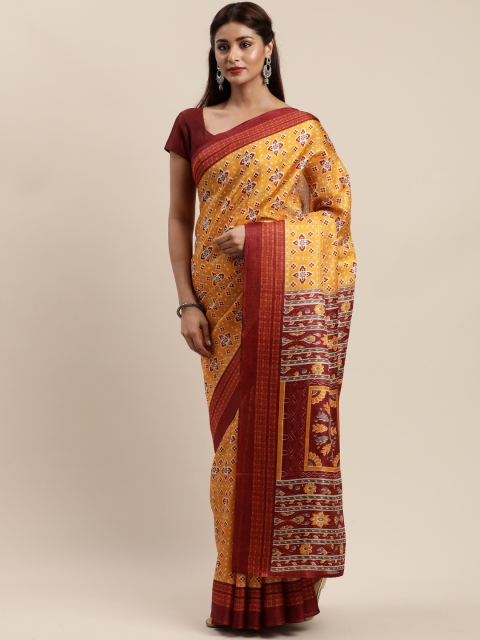

Kalini Mustard Yellow & Maroon Art Silk Printed Khadi Saree