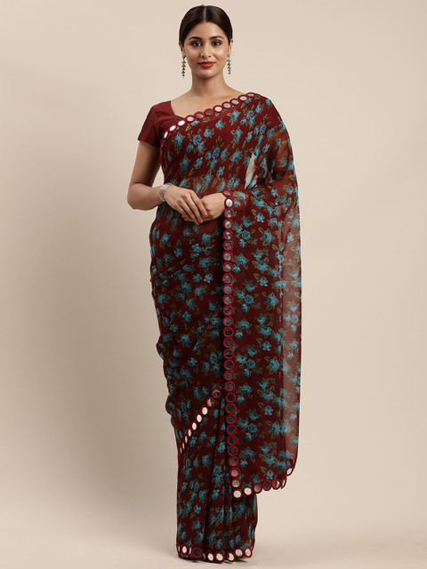 

Mirchi Fashion Maroon & Turquoise Blue Poly Georgette Floral Printed Mirror Work Saree