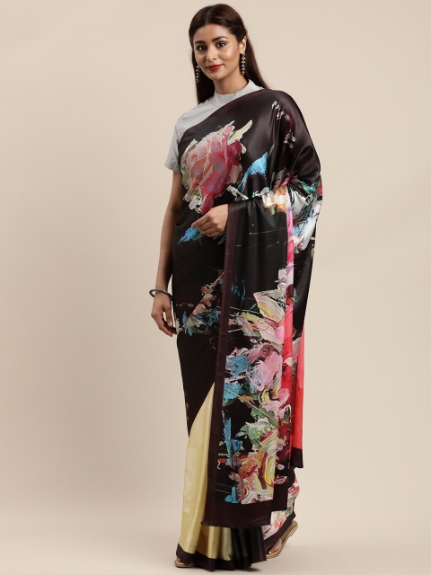 

MIRCHI FASHION Black & Yellow Satin Printed Saree