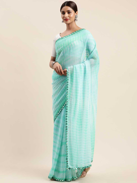 

Mirchi Fashion Sea Green & Off-White Poly Georgette Dyed Mirror Work Saree