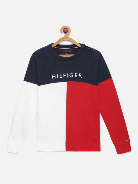 

Tommy Hilfiger Boys Navy Blue & Red Colourblocked Pullover Sweater