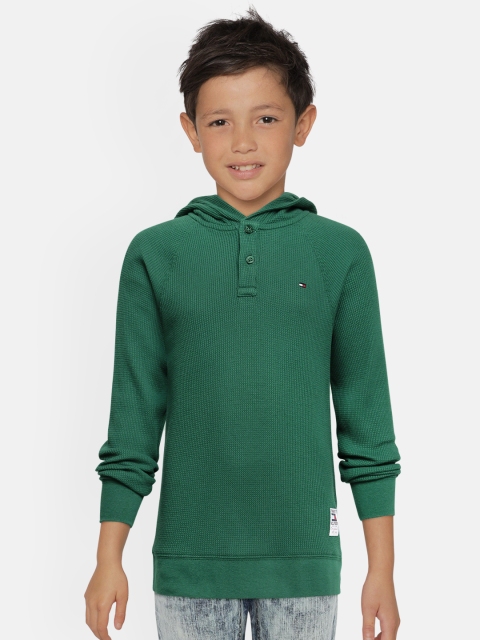 

Tommy Hilfiger Boys Green Self Design Organic Cotton Hooded Sustainable T-shirt