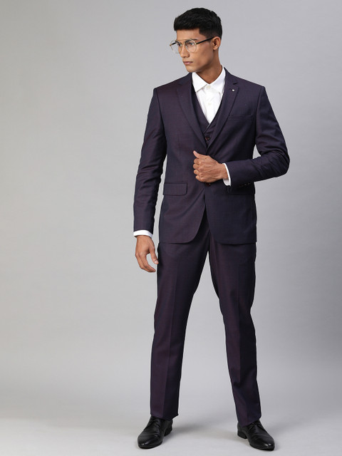 

Louis Philippe Men Navy Blue & Maroon Striped Slim Fit Single-Breasted 3-Piece Formal Suit