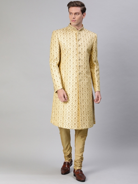 

Louis Philippe Men Yellow & Gold-Toned Embroidered Kurta with Churidar