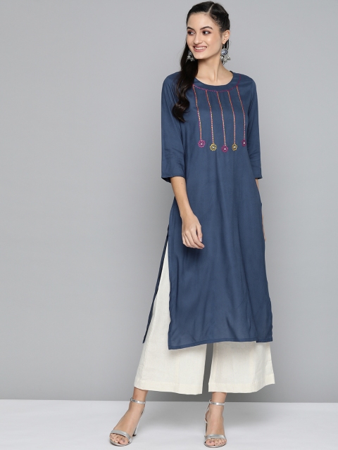 

HERE&NOW Women Navy Blue Embroidered Yoke Design Straight Kurta