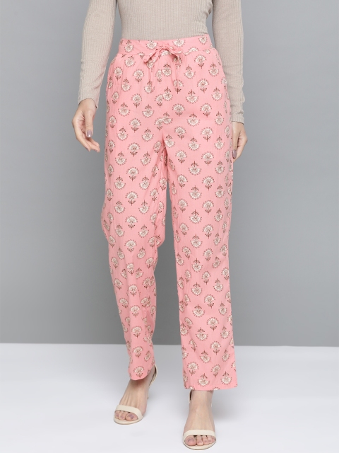 

HERE&NOW Women Pink & Beige Pure Cotton Regular Fit Printed Trousers