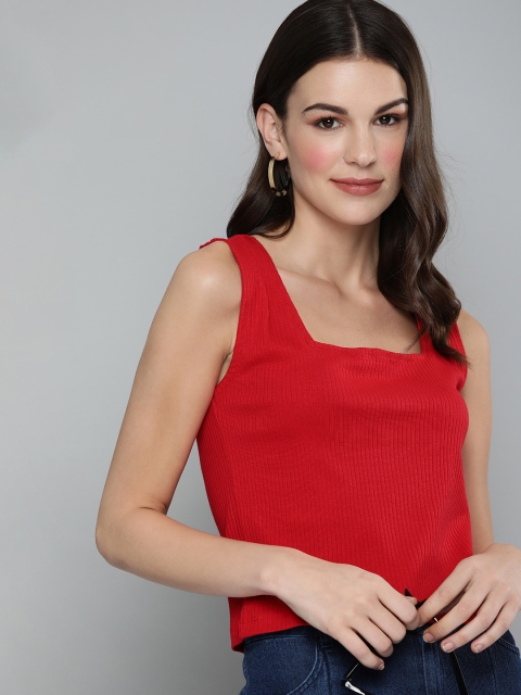 

HERE&NOW Women Red Solid Pure Cotton Regular Top