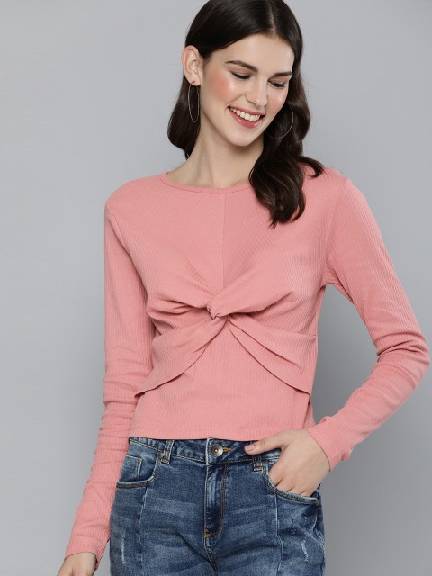 

HERE&NOW Women Pink Ribbed Regular Crop Top with Twisted Detailing