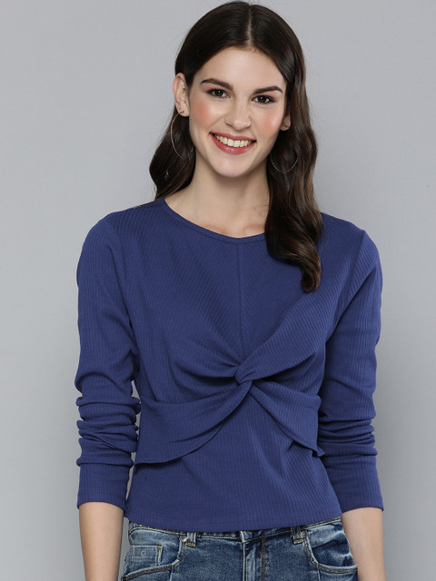 

HERE&NOW Women Navy Blue Ribbed Regular Crop Top with Twisted Detailing
