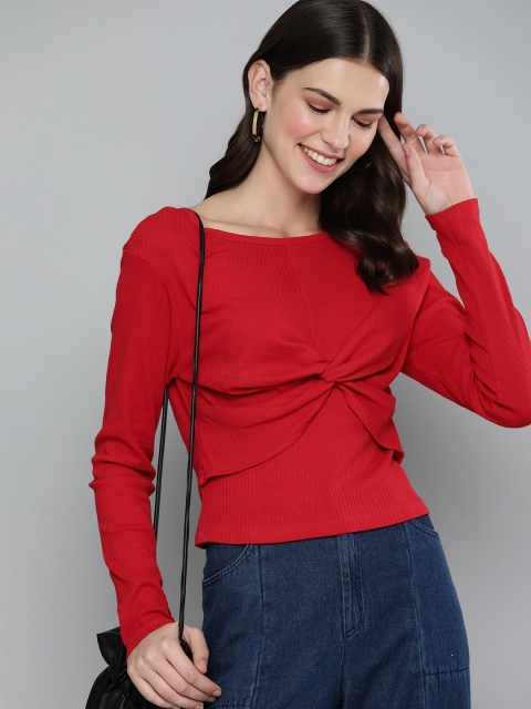 

HERE&NOW Women Red Pure Cotton Regular Top with Tie-up