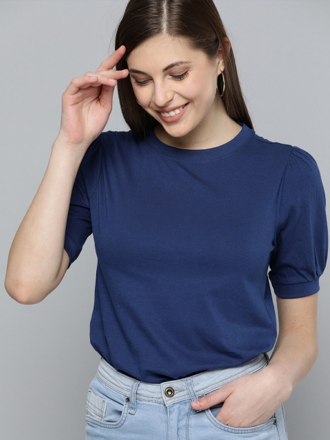 

HERE&NOW Women Navy Blue Solid Pure Cotton Top