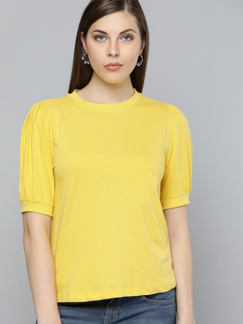 

HERE&NOW Women Yellow Solid Pure Cotton Top
