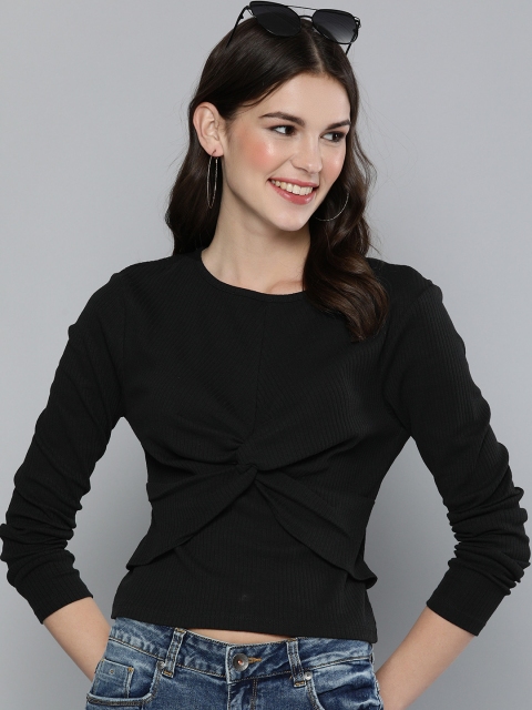 

HERE&NOW Women Black Ribbed Regular Crop Top with Twisted Detailing
